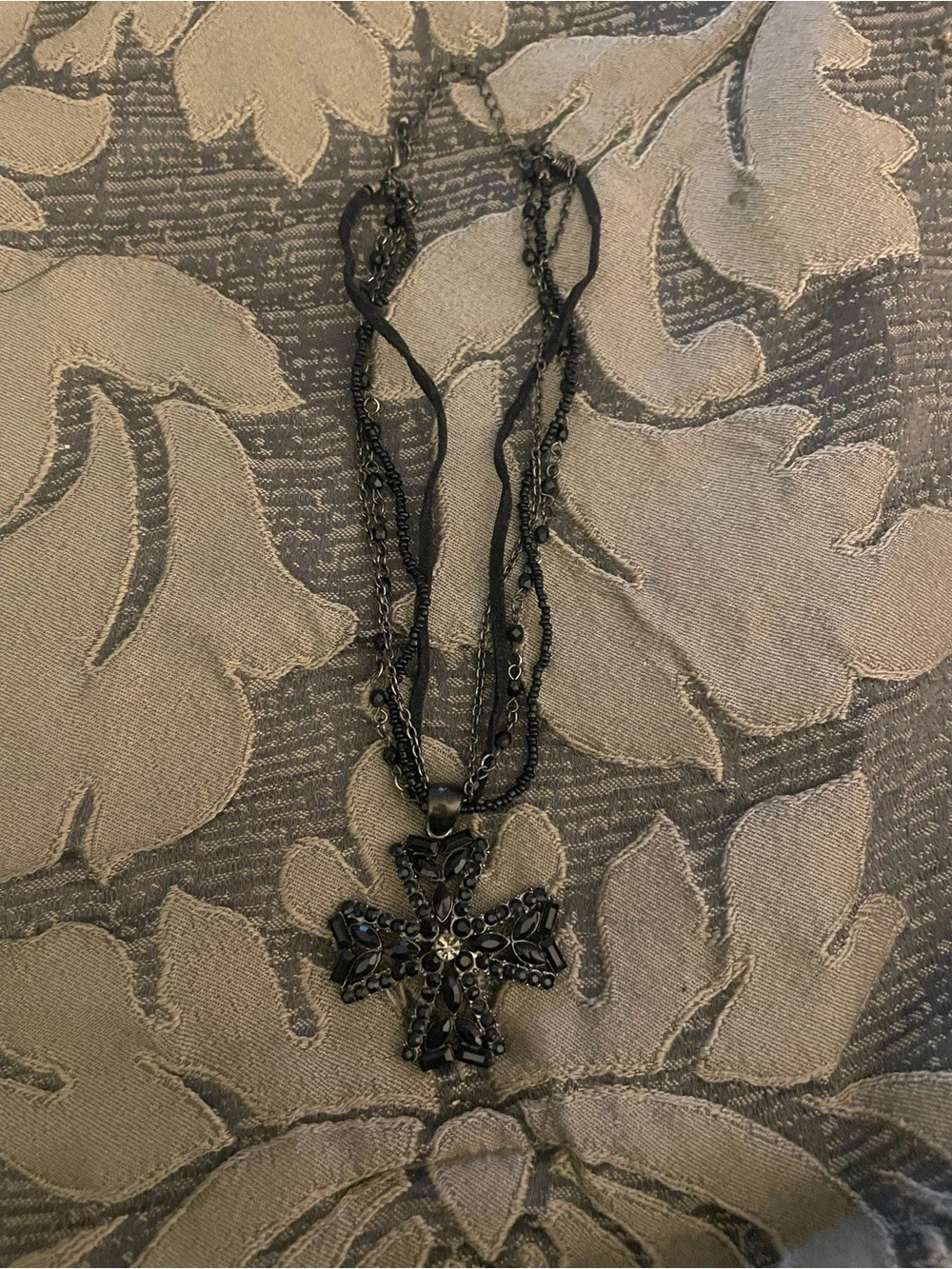 Floral Cross Pendant Necklace in Black & Silver